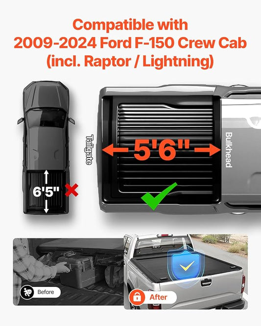 VEVOR Retractable Tonneau Cover, 5.5 ft Hard Retractable Tonneau Cover with Built-in Drainage Pipe for 2009-2024 Ford F-150 Crew Cab, Customized Design with Double-Lock & T-Slot