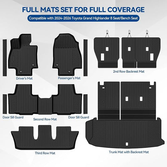 Custom Fit Floor Mats for 2024-2026 Toyota Grand Highlander 8 Seat/Bench Seat, All Weather TPE Floor Liner & Trunk Mat & 2nd/3rd Row Backrest Mat & Door Sill Guard, Full Set Interior Accessories