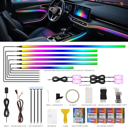 2026 Upgraded Dreamcolor Acrylic Interior Car LED Strip Light with Self-Developed App Dreamcolor RGB 14 in 1 | Dual Zone Control | Super Brighter Strips | Music Sync Ambient Lighting Car Interior