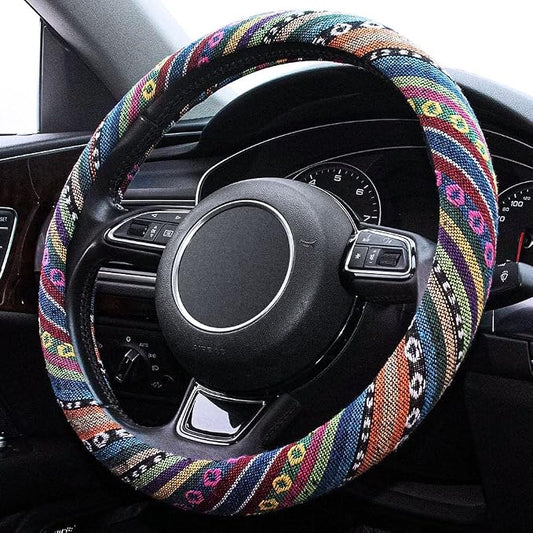 Boho Steering Wheel Cover Elastic Microfiber for Women, Universal Fit 15 inch Car SUV, Hippie Style Protector Cover, Anti-Slip, Breathable, Absorbing Sweat - 01