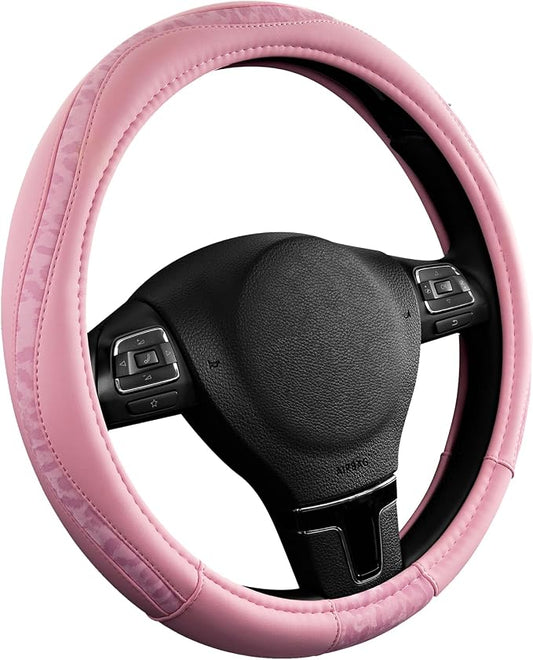 Road Comforts Steering Wheel Cover - Made with PVC Leather and Leopard Fabric - Universal 14 1/2 inches to 15 inches for Most Automotive Steering Wheel - Cheetah Print - All Pink