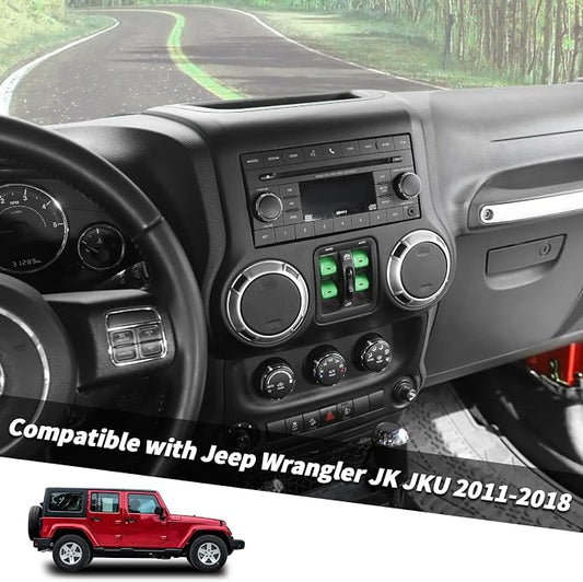 Jimen for JK Window Button Covers, 4PCS Center Console Window Switch Cover Interior Trim Kits Compatible with Jeep Wrangler JK & Unlimited 2012-2018, Aluminum Alloy (Green)