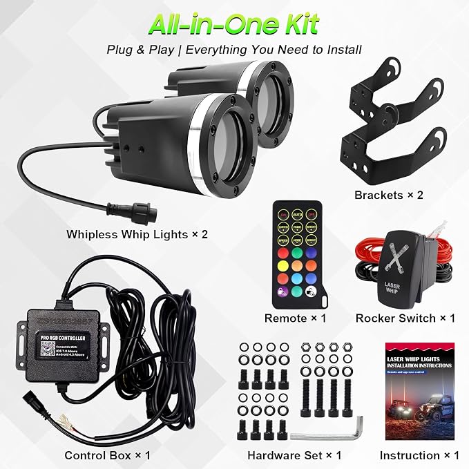 2PCS Upgraded Whipless LED Laser Whip Lights for Side-by-Side/UTV/ATV/Trucks, Ultra-Bright Focused Beam, RGBW Off-Road Lights with APP/Remote/Rocker Switch, IP68 Waterproof 12V DC