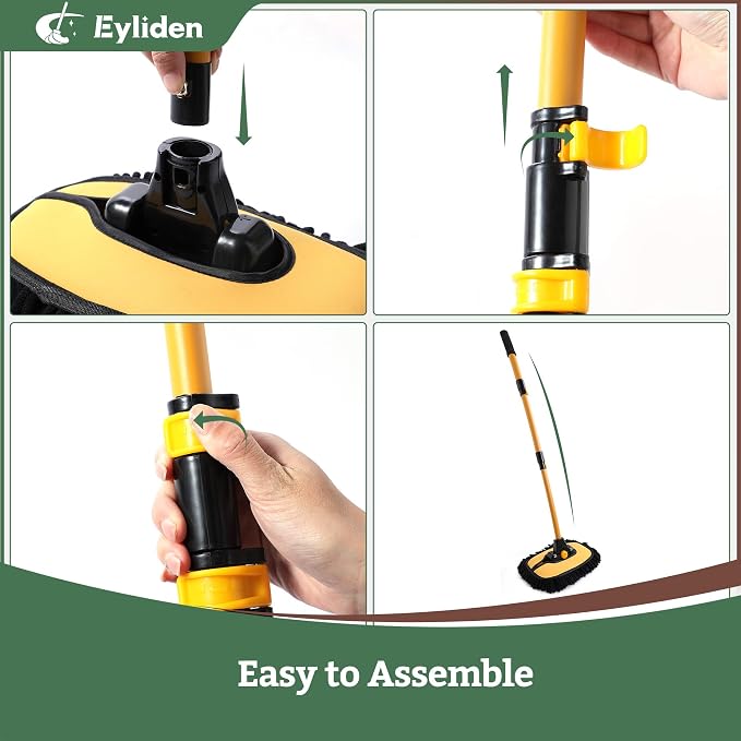 Eyliden Car Wash Brush Mop with Long Handle, Yellow & Black | 90° Swivel Head with 45° Angle Lock, 2 Scratch-Free Microfiber Heads, Car Detailing Kit, for Car Truck RV
