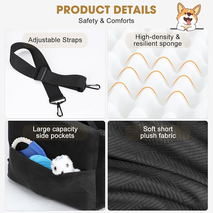 JOEJOY Dog Car Seats for Small Medium Dogs Under 35lbs, Dog Booster Seat with Detachable Washable Cover and Cushion, Memory Foam Pet Car Seat with Safety Belt and Storage Pockets (Black)