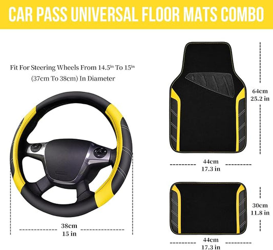 CAR PASS Leather Steering Wheel Cover and Waterproof Car Floor Mats,Microfiber Universal Car Combo Fit for 95% Sedan SUV Van Truck,14.5-15 inch Sporty Anti-Slip Safety Comfortable Design, Black&Yellow