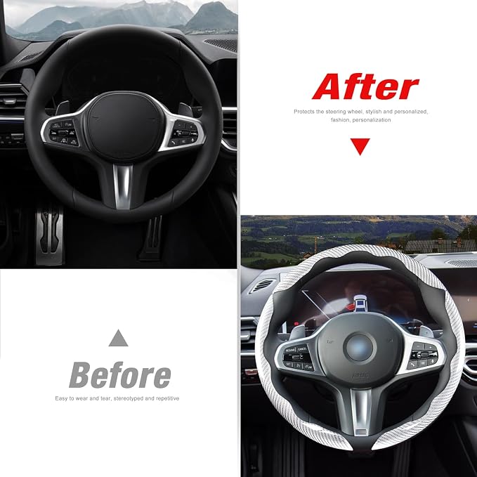 Car Steering Wheel Cover Set Bright Carbon Fiber Wrap Non-Slip 3pcs Steering Wheel Accessories 14.5-15 inch Universal (White)