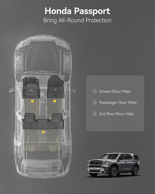 3W Floor Mats for Honda Passport 2026, All Weather TPE Custom Fit Passport Floor Liner 1st & 2nd Row, Cover Protector for 2026 Honda Passport Accessories, Black