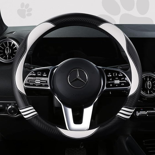 HighnessHwoo Car Steering Wheel Covers for Women Girl Padded Carbon Fiber PU Leather Cute Cartoon Auto Interior Accessories for Jeep, Truck, Universal, Anti Slip, White, Large Size, 15.2-16in
