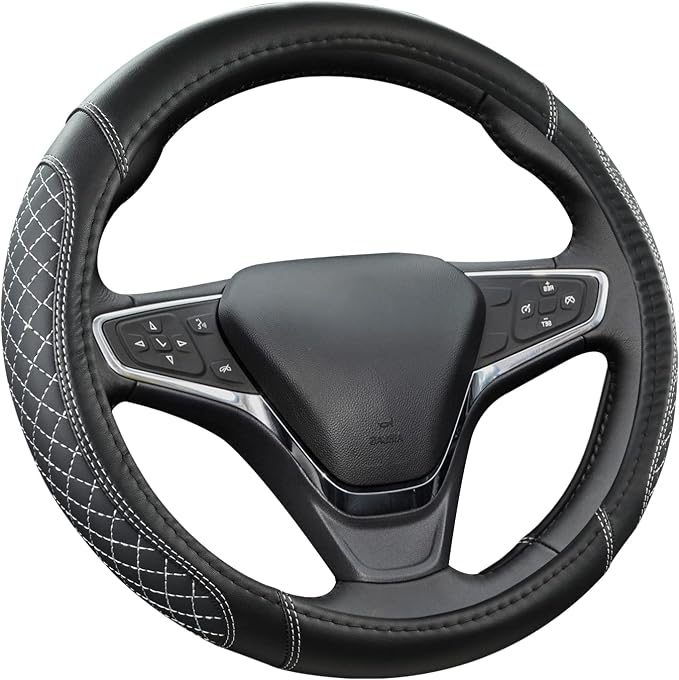 West Llama Customized Auto Car Steering Wheel Cover for Chevy Silverado,Tahoe,Equinox,Traverse,Trailblazer,Colorado(Diamond Quilted-Black+Gray-Standard Size)