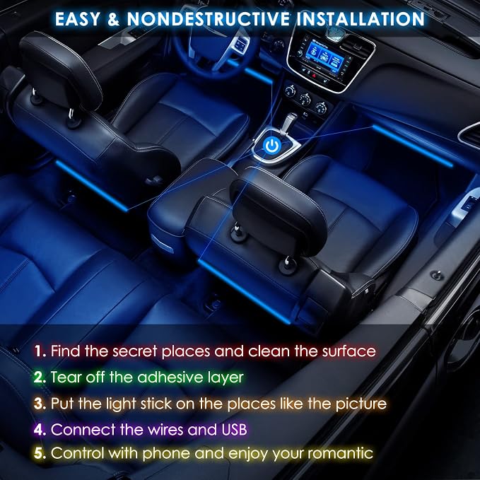 Interior LED Strip Light - 48 LED DIY 16 Million Colors, Microphone App Control, Smart Phone Music Sync RGB Under Dash Waterproof Lighting Kit with Car Charger, USB DC 12V