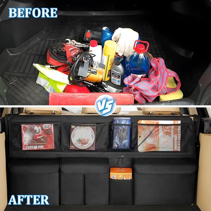 HZEL Car Trunk Organizer, Collapsible Large Capacity Vehicle Backseat Hanging Storage Bag with 9 Pockets, Automotive Interior Backseat Organizer, Universal for SUV RV Truck (Black)
