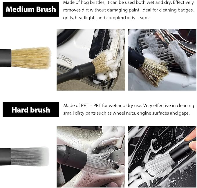 4 PCS Car Detailing Brush Set, Boars Bristle No Scratch Dusting Tool Cleaning Auto Interior or Exterior, Premium Brushes Cleaning Supplies for Dashboard Air Vent Seat Wheel