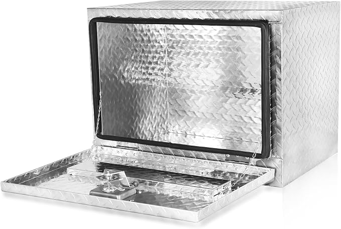 FORWODE 24x17x18 Inch Underbody Truck Tool Box Aluminum Trailer Tool Box with Lock & Foldable T-Handle Waterproof Truck Storage Box for Pickup Truck, Trailer, RV, ATV, Indoor(SILVER)