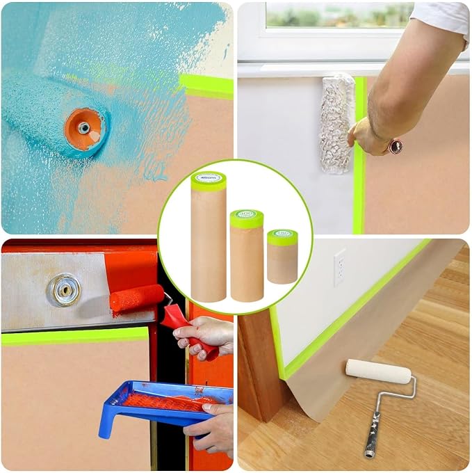 Pre-Taped Painting Masking Paper: 10 Rolls 12 Inch x 50 Feet Tape and Drape Painters Paper, Self-Adhesive Paint Protective Kraft Paper Roll