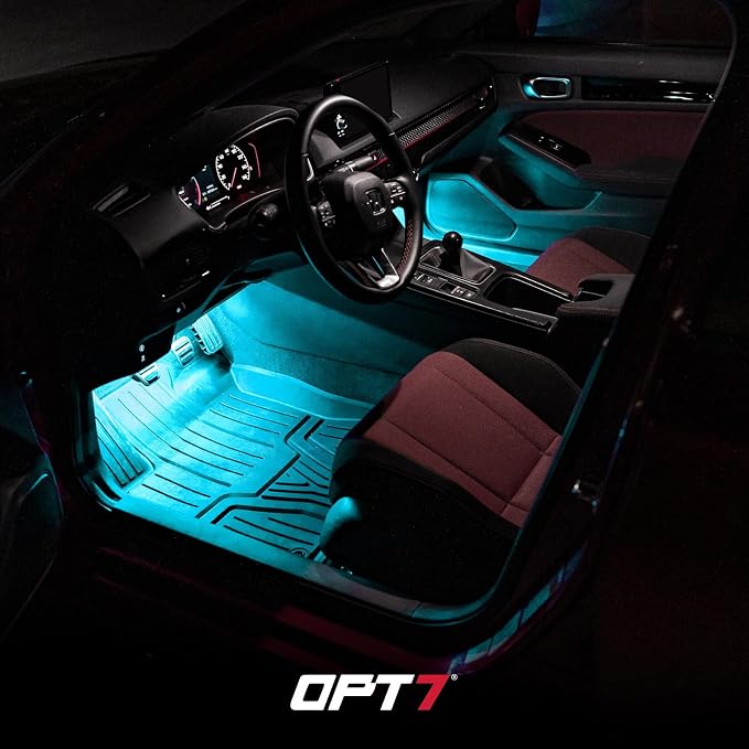 OPT7 Aura Pro Interior Car Lights with App & Remote Control, Multicolor Change, Music Sync Inside Ambient Lighting Kit, Car SUV Van Under Dash Decor, 12V Charger Adapter, 4PC Single Row LED Strip
