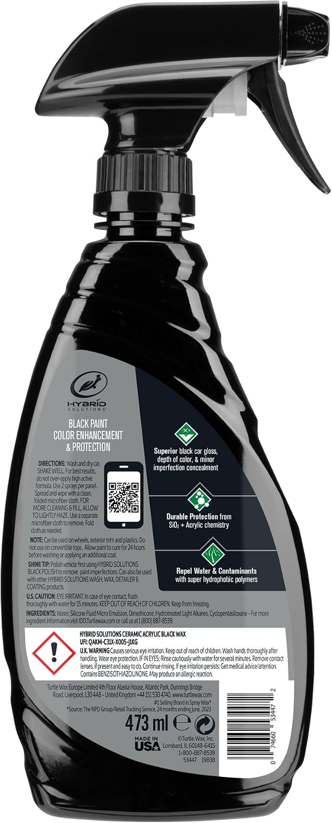 Turtle Wax Hybrid Solutions Ceramic Acrylic Black Car Wax Spray, Restores Apperance of Black Car Paint, Ceramic Coating Protection, Extreme Water Beading, High Gloss Shine, 16 oz (Pack of 2)