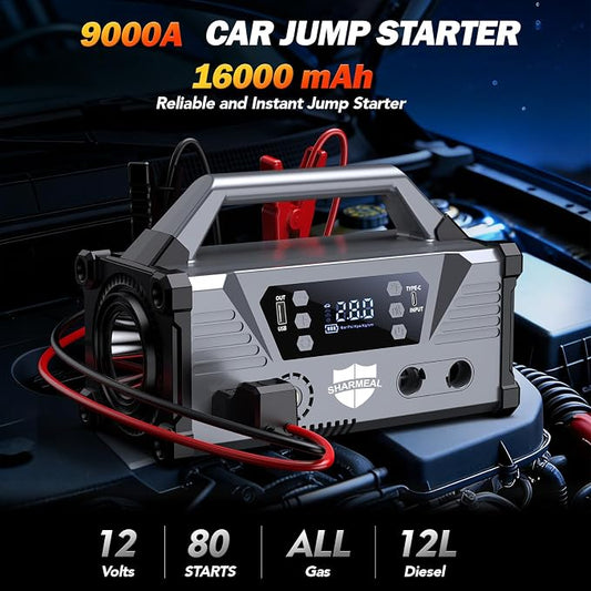 Sharmeal Jump Starter with Air Compressor,9000A Car Battery Jump Starter (All Gas/12.0L Diesel),200PSI Car Battery Jumper Starter Portable 12V Jump Box with Jumper Cables, LED Light