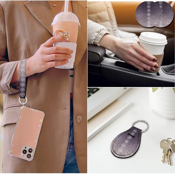 14 Pcs Art Mandala Car Seat Covers Full Set Car Steering Wheel Cover,Seat Belt Covers Cup Holder with Keychain,Novelty Design Gradient Color Automotive Protector Set Universal Fit,Purple