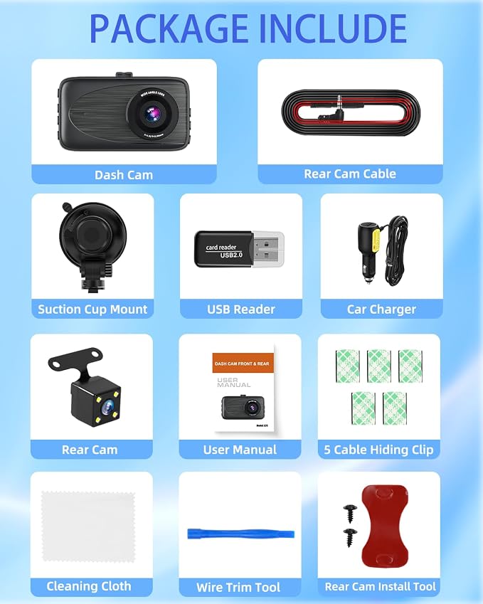 Dash Cam Front and Rear, Biuone 1080P FHD Dash Camera for Cars, 3" IPS Display Full HD170° Wide Angle Car Dash Cam with Night Vision, G-Sensor, Loop Recording, Parking Monitor, Motion Detection,WDR