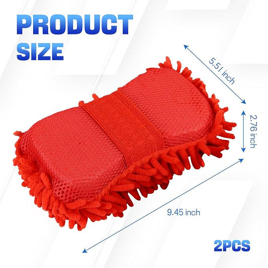 2PCS Microfiber Car Wash Sponge, Double Sided Chenille Microfiber Car Wash Mitt, Scratch Free & Lint Free, Absorbent Automotive Washing Sponges, Auto Cleaning Supplies (Red)