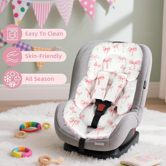 Infant Car Seat Insert Cushion, Baby Car Seat Head Body Support for Girls & Boys, Reversible Newborn Car Seat Insert with 2 Extra Strap Paddings, Premature Car Seat Cushion, Pink Bow