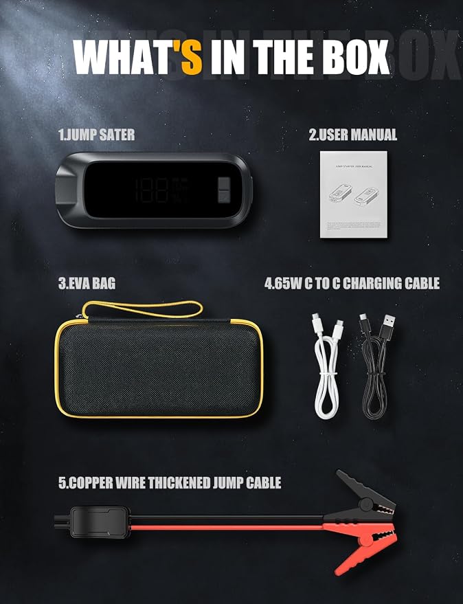 Jump Starter 12V Car Battery Peak 8000A 26800mAh, Portable Car Jump Starter | for All Gas and 10L Diesel Engines, Power Bank & Battery Jumper with Fast Charge, LED Light, Jumper Cables