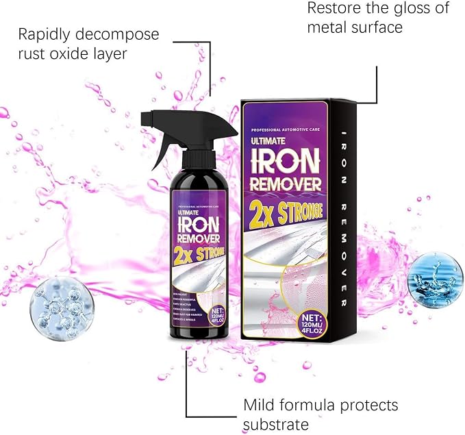 Rust Remover Spray for Metal, Car Rust Remover, 120ml Wheel Cleaner Spray, Multipurpose Iron Stain Removal for Car Detailing, Paint Wheels RV Boat Motorcycle