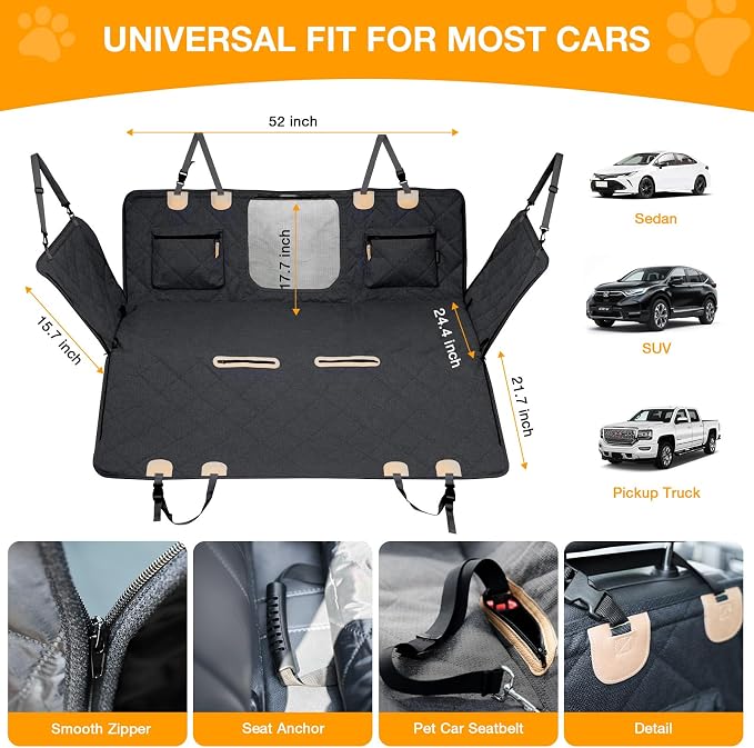 Dog Car Seat Cover for Back Seat, Hard Bottom Back Seat Extender for Dogs, Waterproof Car Hammock, Backseat Bed and Car Seat Protector, Nonslip Fit for Cars, SUVs, Trucks, 52 x 25 in, Black