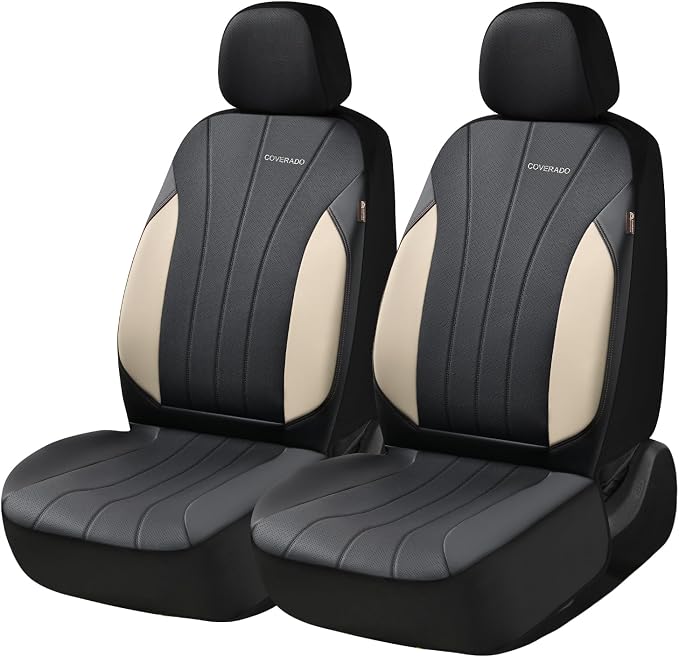 Coverado Car Seat Covers, 2 Front Seats Waterproof Nappa Leather Automotive Seat Protectors, Front Luxury Mesh Seat Covers, All-Weather Universal Fit for Most Cars SUVs, Trucks, Beige&Black