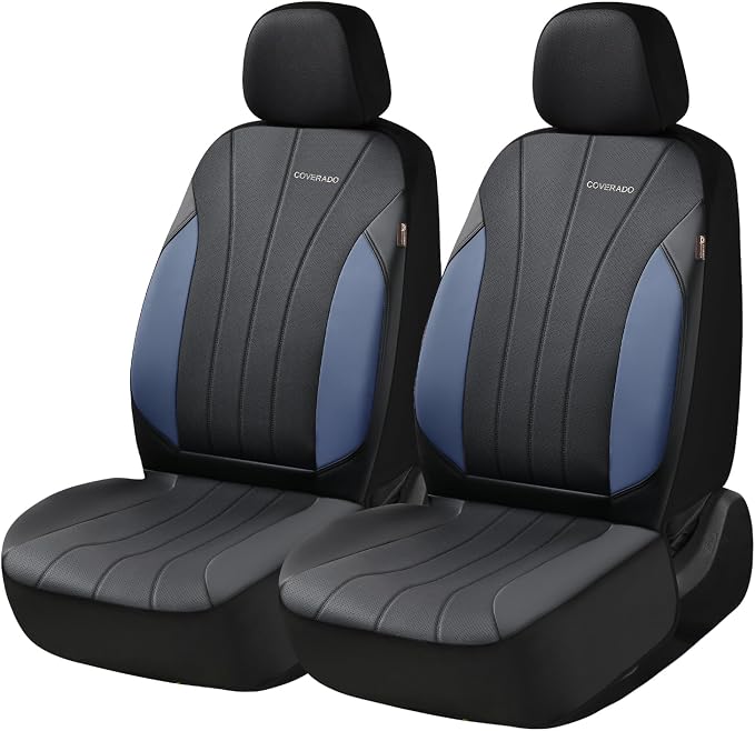 Coverado Car Seat Covers, 2 Front Seats Waterproof Nappa Leather Automotive Seat Protectors, Front Luxury Mesh Seat Covers, All-Weather Universal Fit for Most Cars SUVs, Trucks,Blue&Black