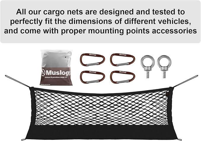 Muslogy Truck Bed Cargo Net Trunk Netting Compatible with 2024 2025 2026 Toyota Tacoma Accessories, Pickup Cargo Organizer SUV Sedan Storage Net w/Heavy Duty Carabiners