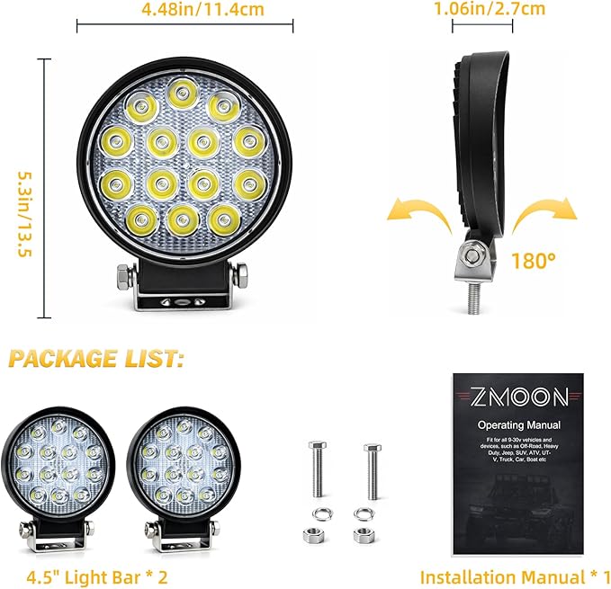 Zmoon 4.5'' 84W Round LED Offroad Flood Lights, Waterproof 12V/24V Round LED Light Bar for Truck Tractor ATV UTV SUV Motorcycle Off Road Fog Driving Lights 2Pack