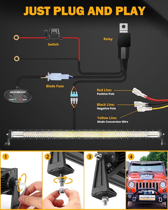 Auxbeam 50Inch LED Straight Light Bar, 6 Modes Amber White Strobe Light, 288W Dual Color Spot Flood Combo Offroad Fog Driving Light Waterproof with Memory Function for Truck Boat Jeep Pickup