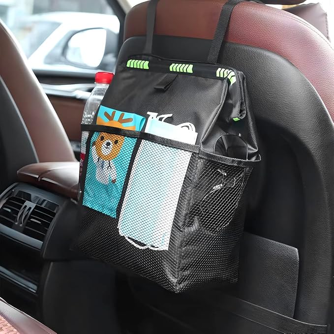 Fekey&JF Hanging Car Trash Can with Storage Pockets, Waterproof Leakproof Oxford Auto Garbage Bag, Multi-Use Organizer for Outdoor Traveling, Foldable Trash Bin for Truck, SUV, Car (Green)