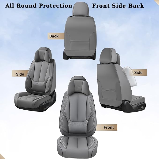 Coverado Universal Seat Covers Full Set, 5 Seats Universal Seat Covers for Cars, Waterproof Nappa Leather Car Seat Covers with Head Pillow, Auto Protectors Fit for Most Sedans SUV Pick-up Truck-Gray