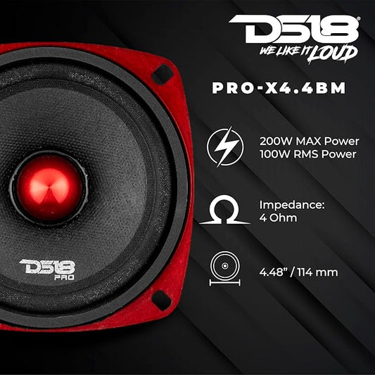 DS18 PRO-X4.4BM Loudspeaker - 4", Midrange, Red Aluminum Bullet, 200W Max, 100W RMS, 4 Ohms - Premium Quality Audio Door Speakers for Car or Truck Stereo Sound System (1 Speaker)