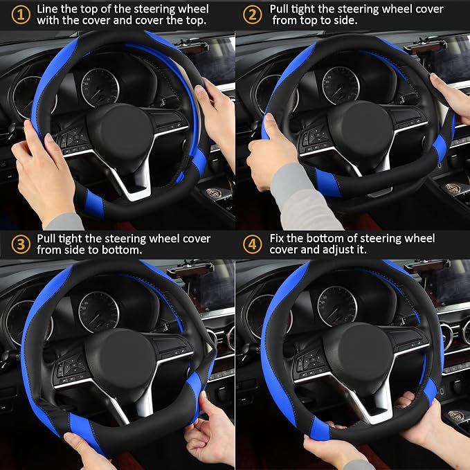 West Llama Flat Bottom Car Steering Wheel Cover for Nissan,D Shaped Steering Wheel Cover for Rogue,Altima,Kicks (Black+Blue-Standard Size)