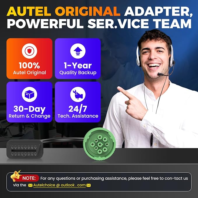 Autel Original Green Type 2 J1939 Male to 16pin Female OBD2 Adapter Cable, for Heavy Duty Trucks Scanner and Commercial Vehicles with 9pin Diagnostic Connector