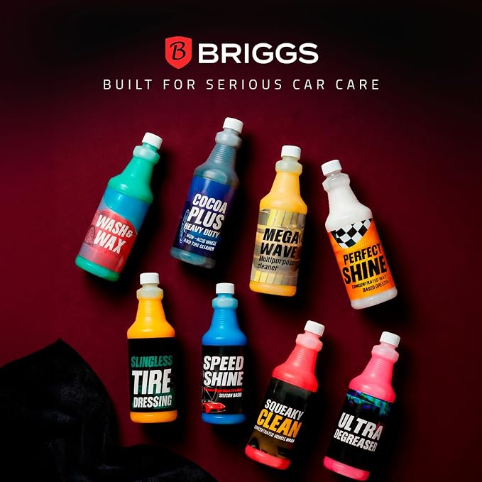 Briggs Slingless Tire Dressing – High Gloss Tire Shine Spray, Sling-Free Wet Look Finish for Tires, Rubber Moldings & Exterior Trim, Solvent-Based Formula – 128oz