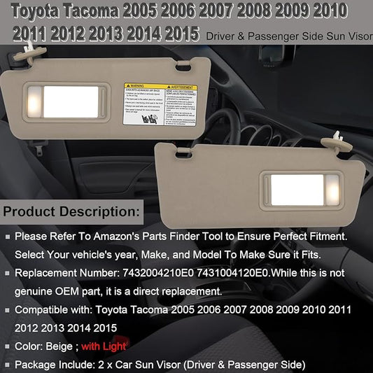 NHILES Driver & Passenger Side Sun Visor Replacement Fits for Toyota Tacoma 2005-2015 Sunshade with Light 7432004210E0 7431004120E0 Color Beige
