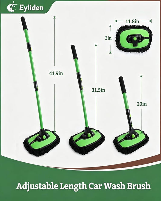 Eyliden Car Wash Brush Mop with Long Handle, 90° Swivel Head with 45° Angle Lock, 2 Scratch-Free Microfiber Heads, Car Detailing Kit for Car Truck RV, Green & Black