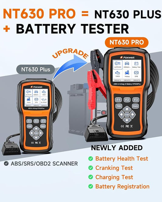 2026 2-in-1 FOXWELL NT630 Pro ABS SRS Scan Tool & Battery Tester, Upgraded from NT630 Plus, OBD2 Scanner with 12V Battery Load Analyzer(100-3000CCA), ABS Bleed, BMS/Oil/SAS/EPB Reset, Live Data