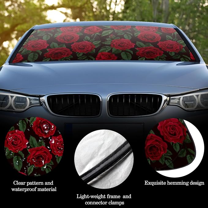 Windshield Sun Shade Foldable Car Front Window Covers for Car Accessories Sun Heat UV Rays Visor Protector Protection for Universal Cars SUV Truck (Rose)