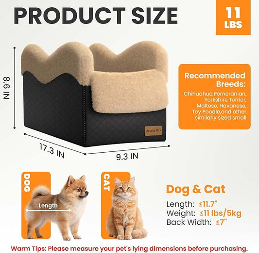 Portable Small Dog Seat for Car, Luxury Center Console Dog Car Seat Booster with Safety Tethers, Anti-Collapse Pet Travel Carseat for SUV, Truck (Black/Brown)