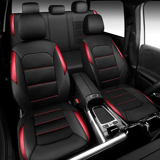 CAR PASS Memory 3D Foam Car Seat Covers Full Set, Breathable Mesh Thick Seat Covers for Car, Red Metal Film Leather Seat Covers, Universal Automotive Comfort for SUVs Trucks, Black Red