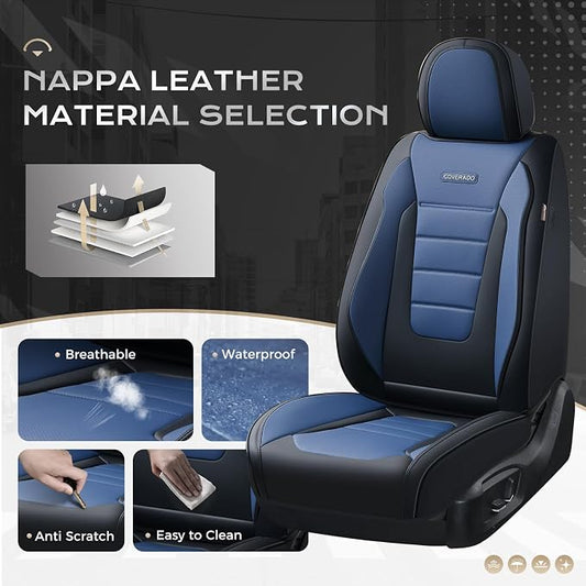 Coverado Car Seat Covers Front, Seat Covers for Cars, Waterproof 2-Pack Car Seat Cushions, Leather Carseat Seat Protectors, Universal Seat Covers Fit for Most Sedans SUV Pick-up Trucks(Black&Blue)
