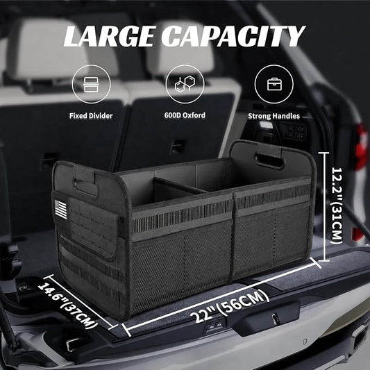 Sposuit Car Trunk Organizer for SUV - 65L Collapsible Tactical MOLLE Car Storage with Reinforced Handles & Multiple Pockets, Sturdy Trunk Organizers for Groceries, Tools & Outdoor Storage (Black)