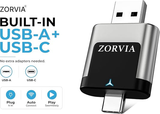 ZORVIA Wireless CarPlay Adapter for iPhone & Android Auto 2026 Upgraded - Convert Wired CarPlay to Wireless, Fast Auto Reconnect, Plug and Play, USB-C & USB-A (Silver)
