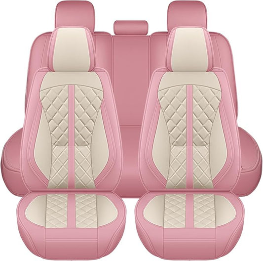 otoez Pink Car Seat Covers Full Set, Universal Leather Seat Cover 5 Seat Waterproof & Breathable Automotive Seat Protector Full Coverage for Cars Sedens, Trucks, SUVs, Vans (Pink & White)